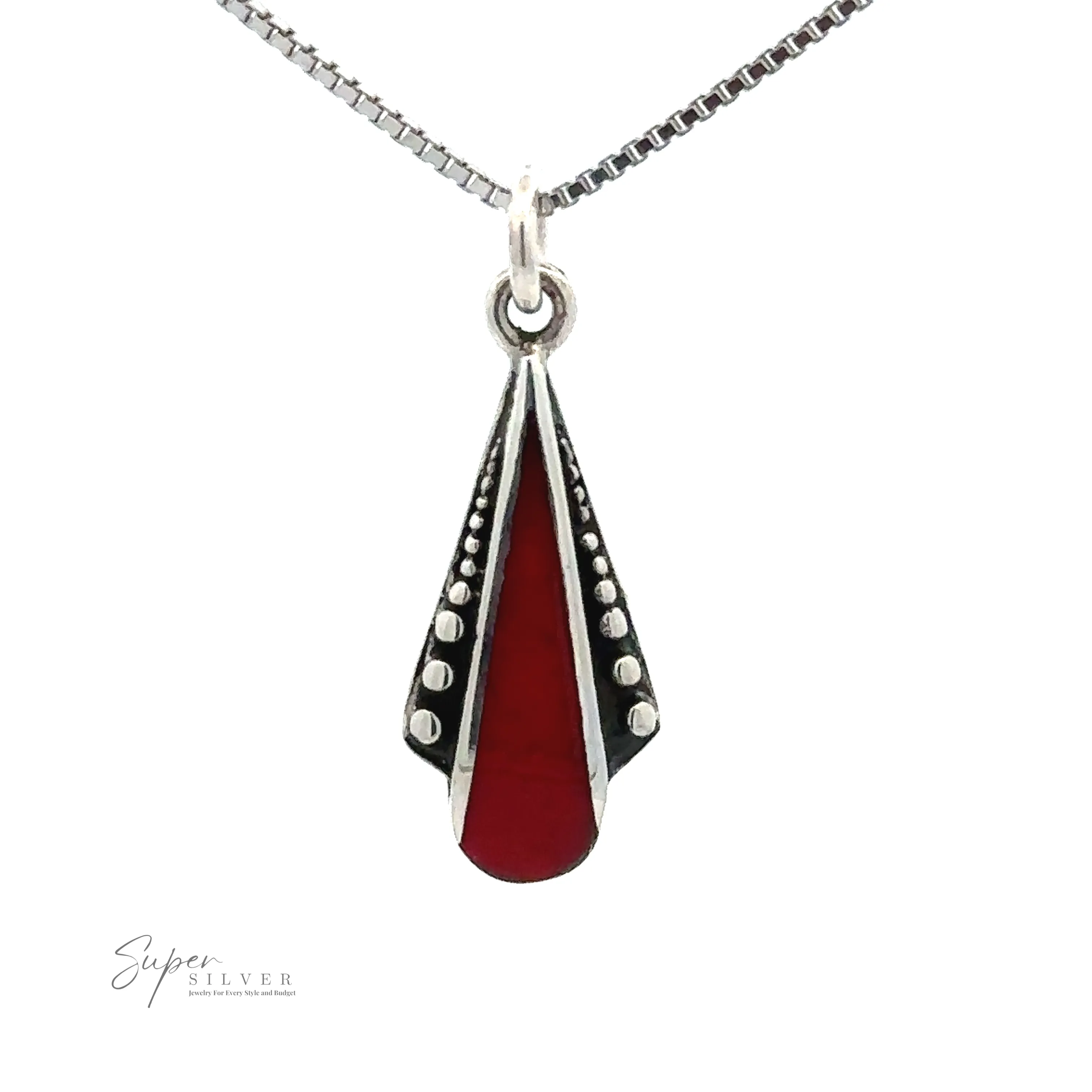 Teardrop Pendant with Inlaid Stones and Ball Border