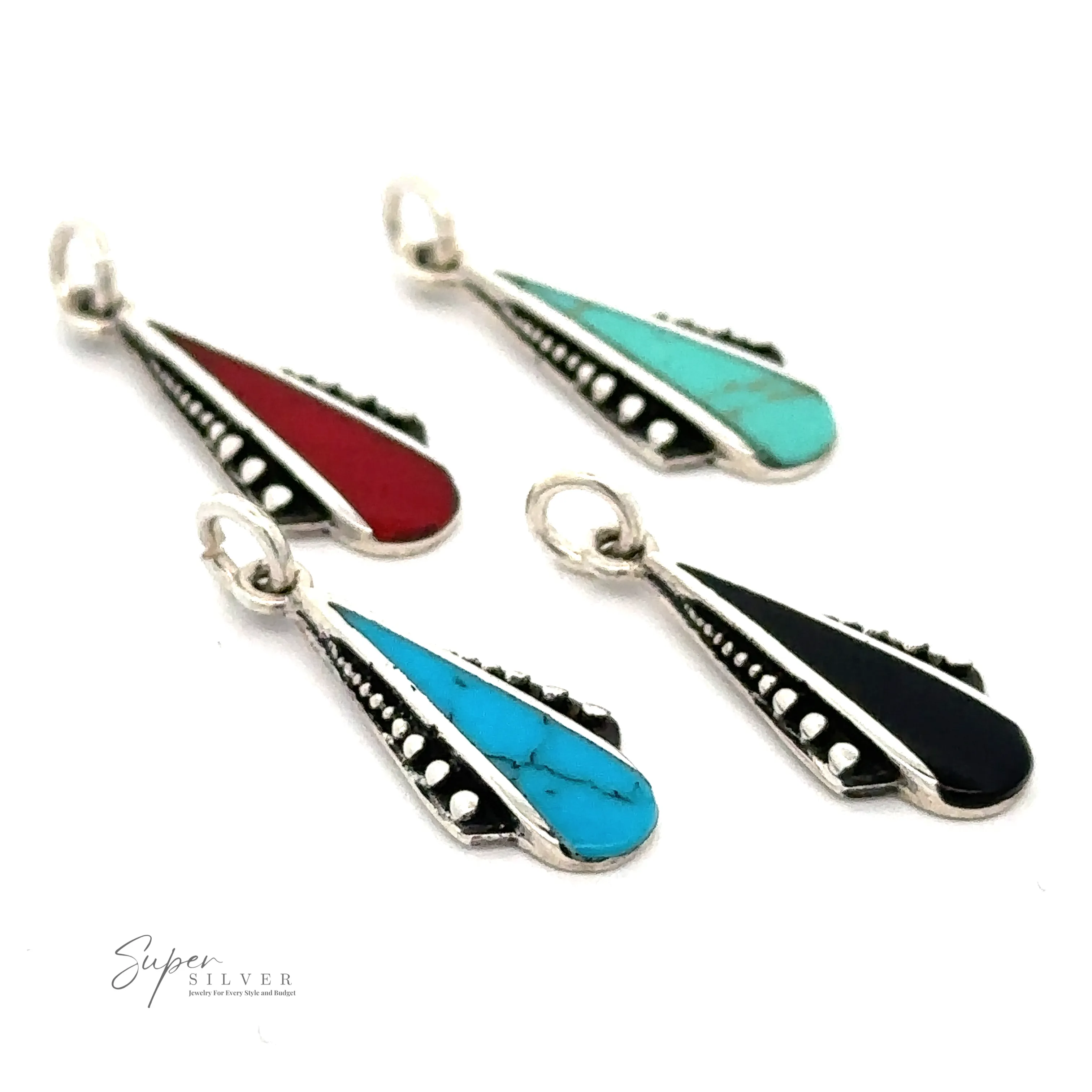 Teardrop Pendant with Inlaid Stones and Ball Border