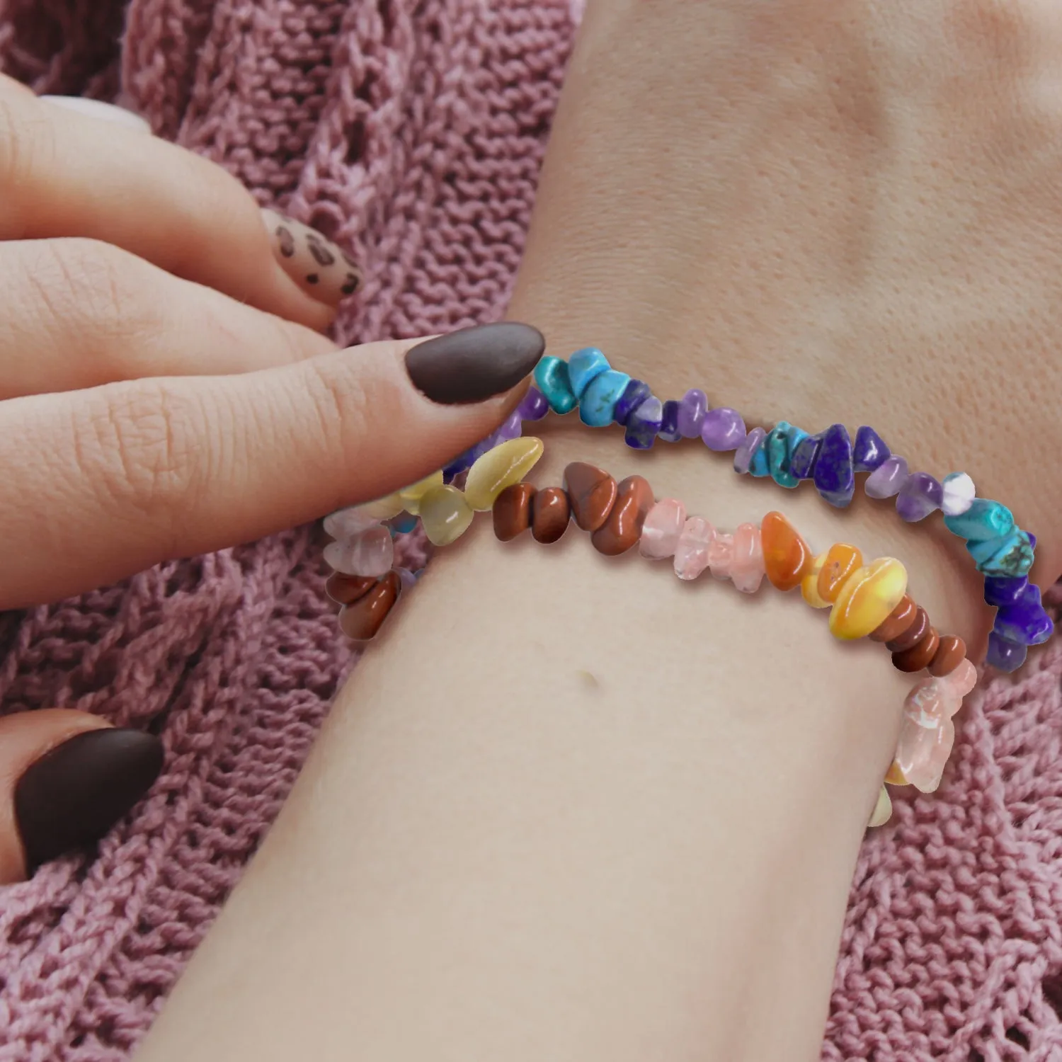 Two Multi Gemstone<br/>Elasticated Bracelet