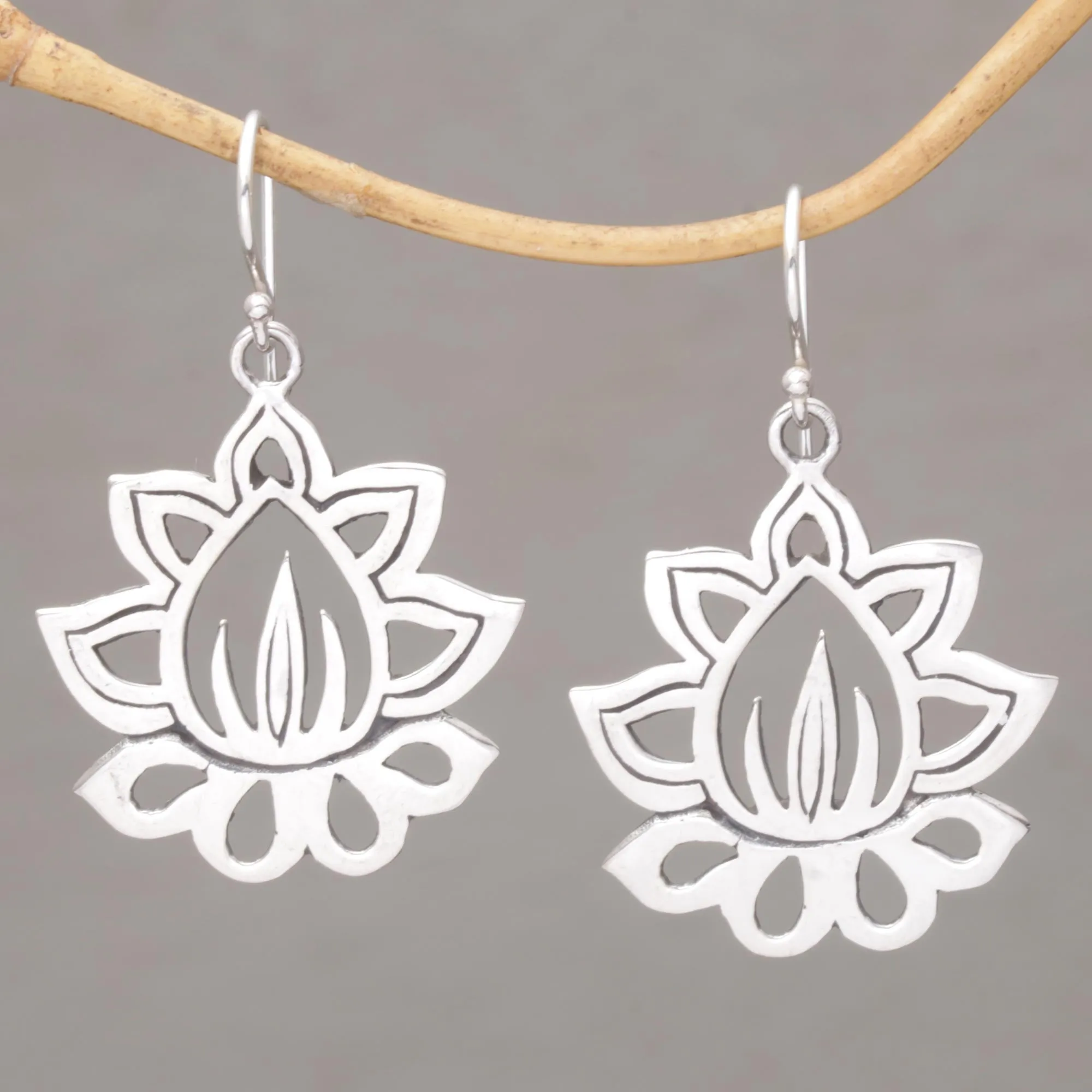 Unforgettable Lotus Sterling Silver Lotus Flower Dangle Earrings from Bali