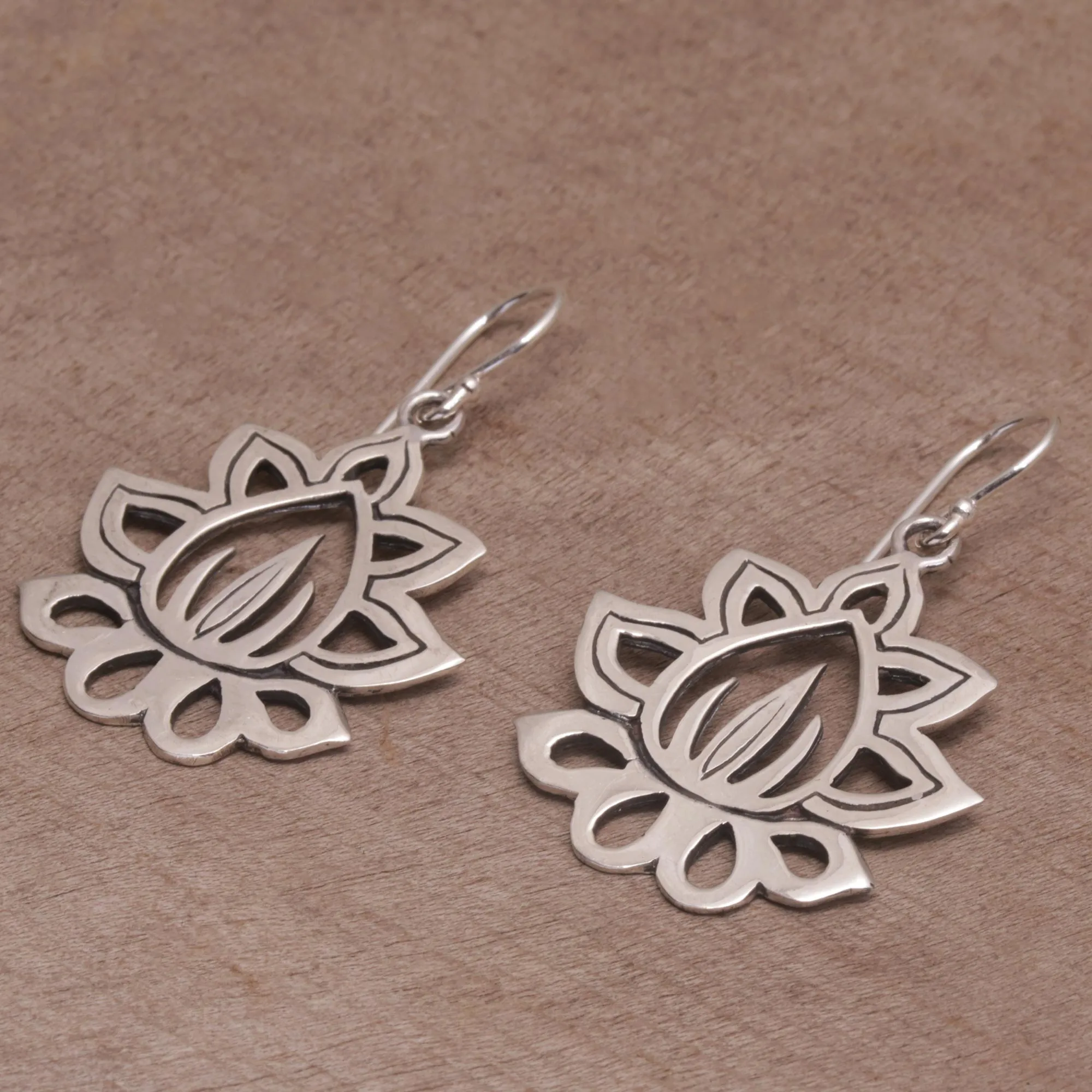 Unforgettable Lotus Sterling Silver Lotus Flower Dangle Earrings from Bali