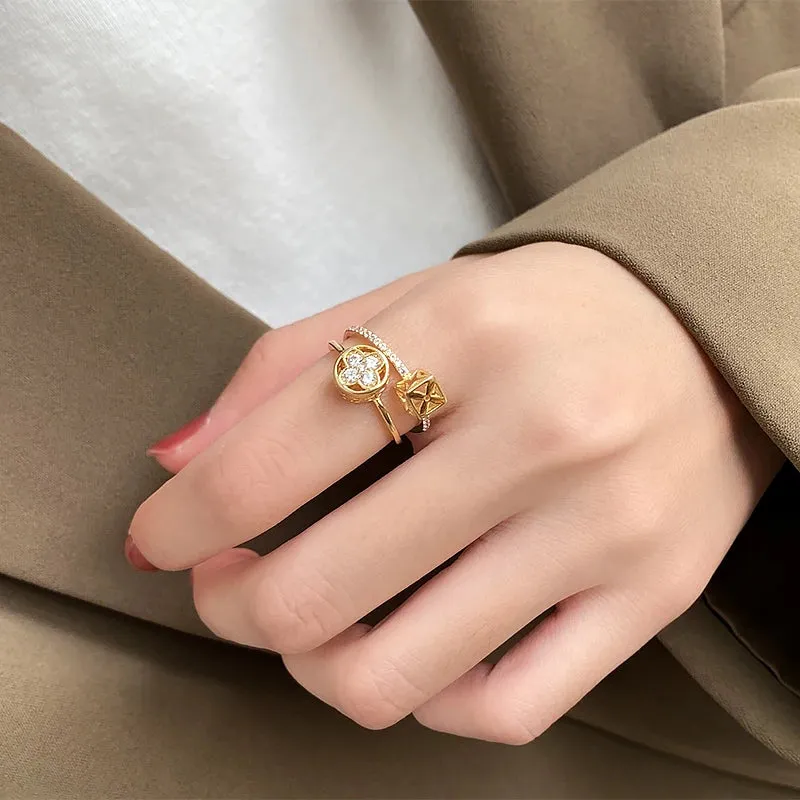 VAIGE Classic Double Layer Flower Open Ring in Gold Finish - Luxurious Copper Fashion Jewelry for Elegant Occasions