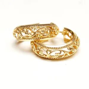 Vintage 14K Yellow Gold Filigree Hoop Earrings, Ornate Polished Hoops, 8mm Embellished Gold Hoops, 585 Jewelry, Elegant Gold Hoops, 28mm
