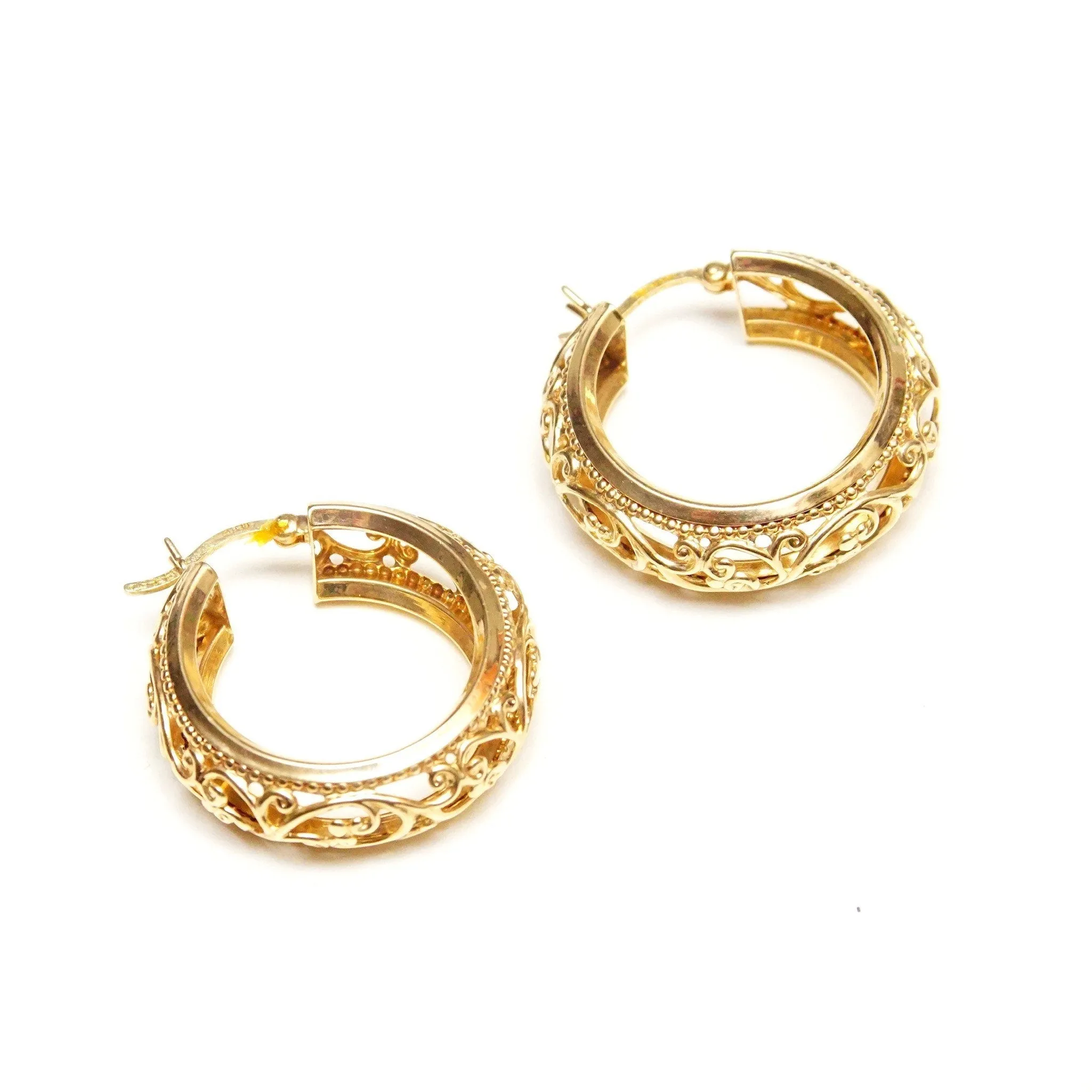 Vintage 14K Yellow Gold Filigree Hoop Earrings, Ornate Polished Hoops, 8mm Embellished Gold Hoops, 585 Jewelry, Elegant Gold Hoops, 28mm