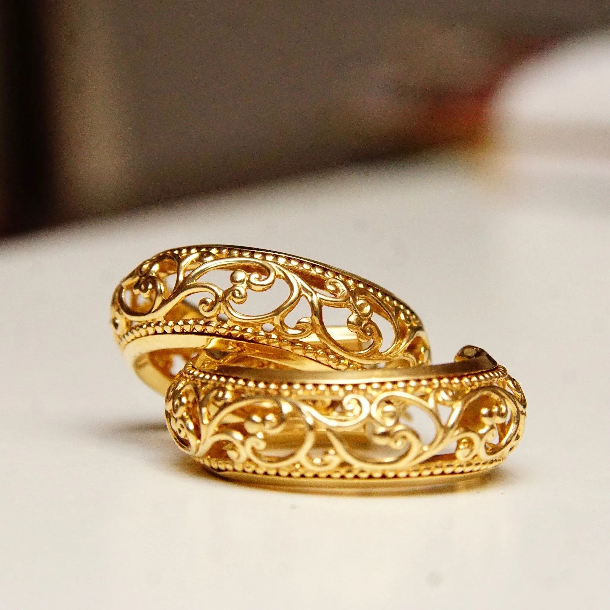 Vintage 14K Yellow Gold Filigree Hoop Earrings, Ornate Polished Hoops, 8mm Embellished Gold Hoops, 585 Jewelry, Elegant Gold Hoops, 28mm