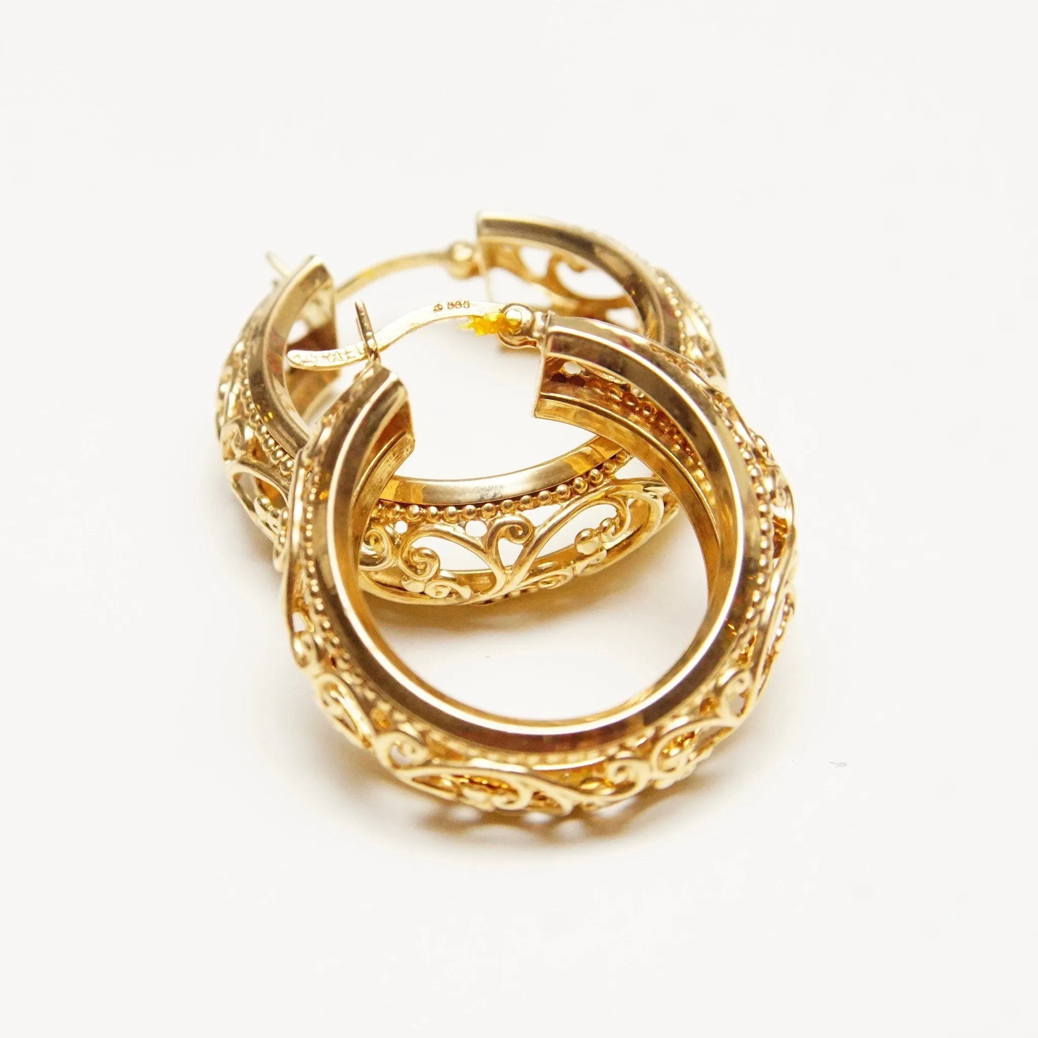 Vintage 14K Yellow Gold Filigree Hoop Earrings, Ornate Polished Hoops, 8mm Embellished Gold Hoops, 585 Jewelry, Elegant Gold Hoops, 28mm