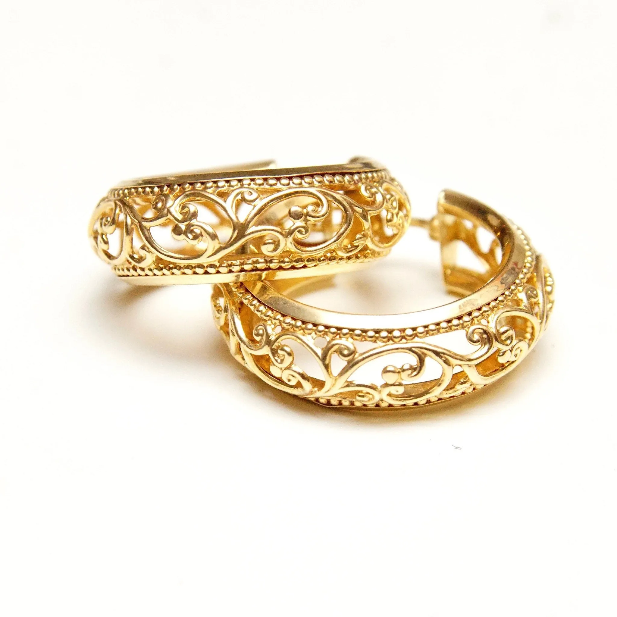 Vintage 14K Yellow Gold Filigree Hoop Earrings, Ornate Polished Hoops, 8mm Embellished Gold Hoops, 585 Jewelry, Elegant Gold Hoops, 28mm