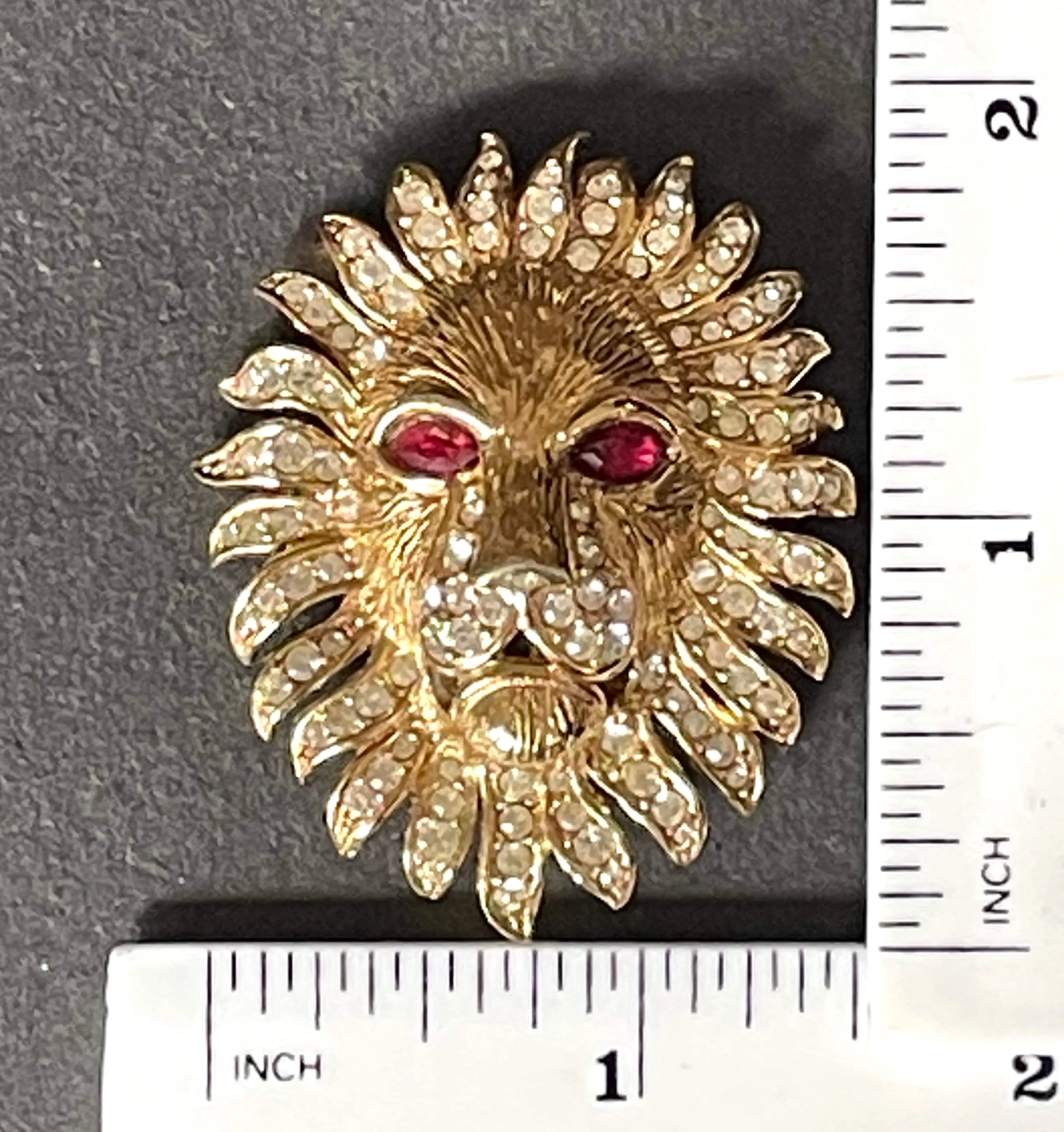 Vintage Attwood and Sawyer (A&S) large rhinestone lion brooch - signed, 22ct gold plated, unusual ruby red rhinestone eyes