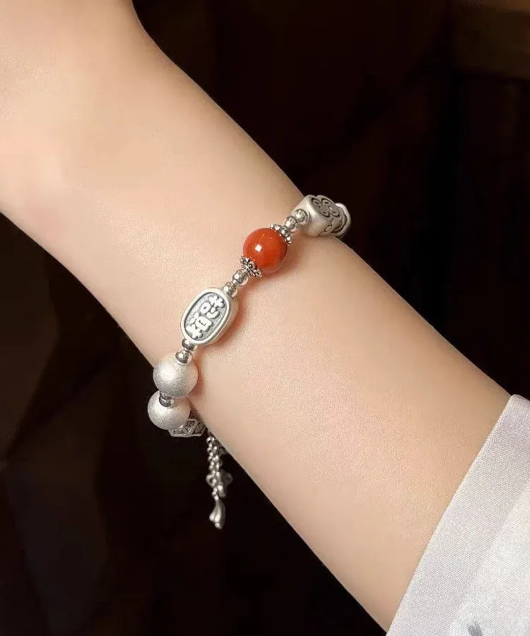 Vintage Silk Sterling Silver Agate Tassel Charm Bracelet DF1033