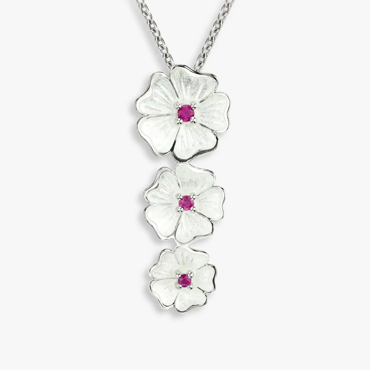 White Enamel Petals Centered Pink Rhodium Plated 925 Cascade Chain Pendants