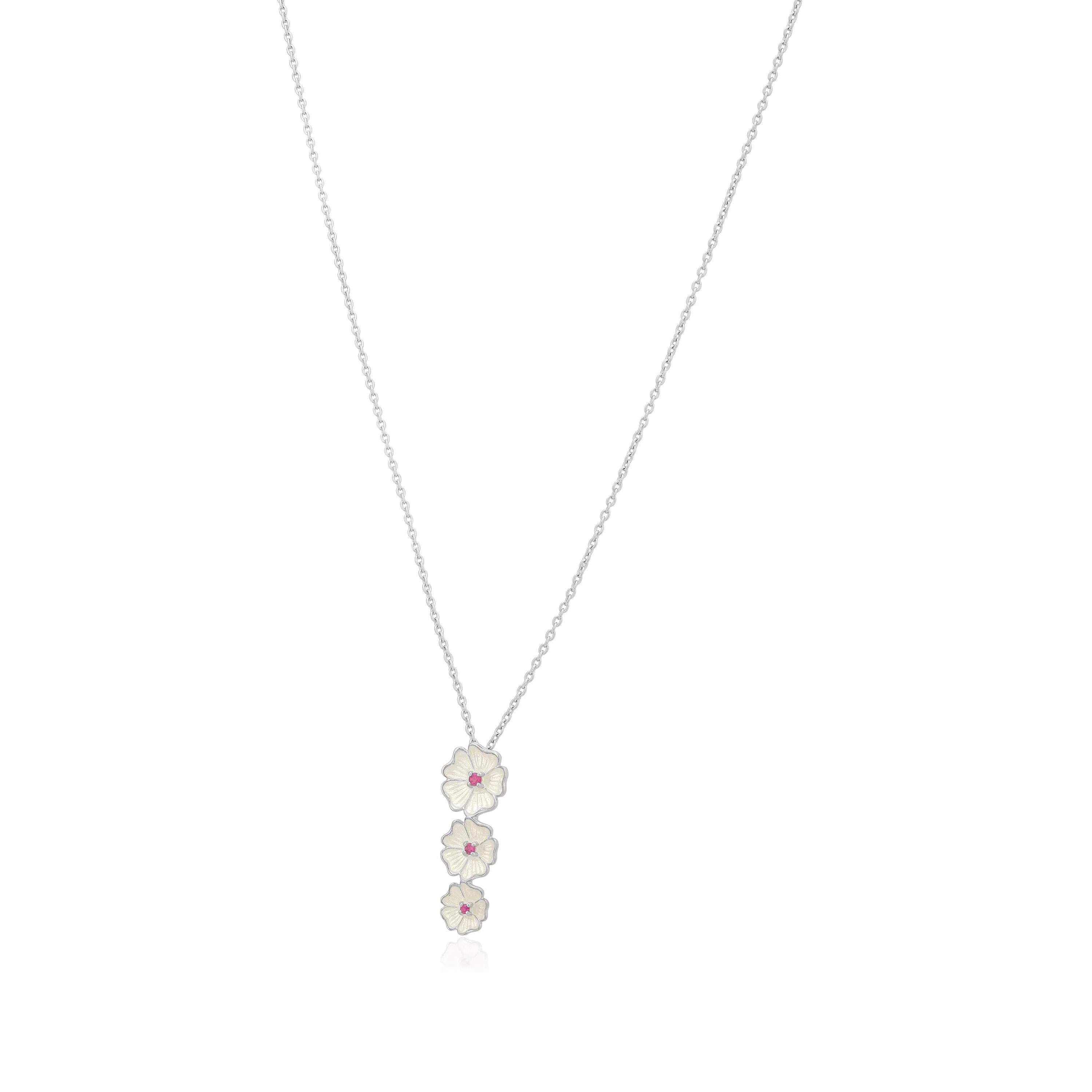 White Enamel Petals Centered Pink Rhodium Plated 925 Cascade Chain Pendants