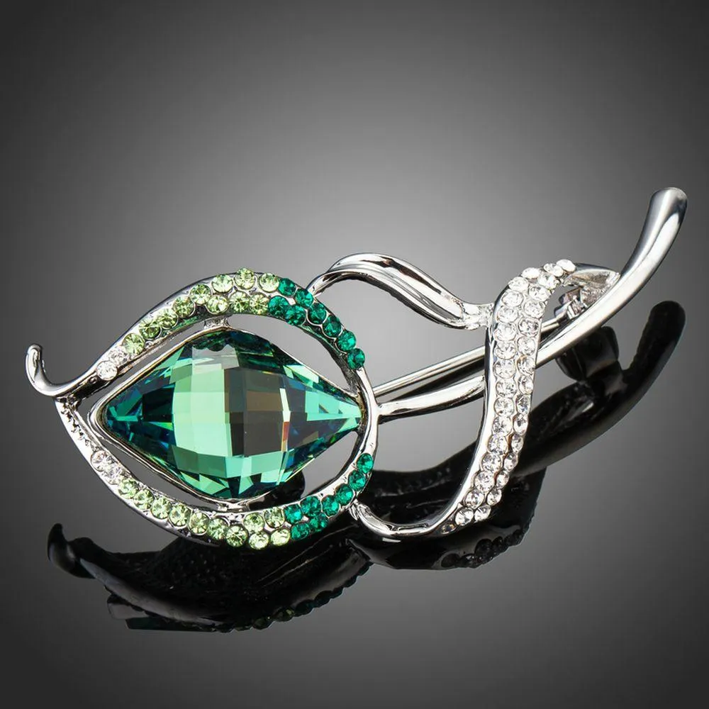White Gold Flower Shape Brooch With Green Crystals